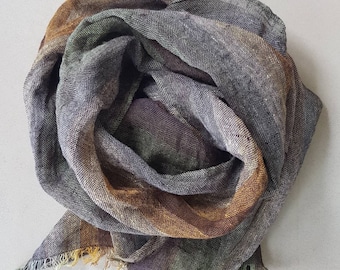 Linen scarf, oversize gauze scarf boho style, men&#39;s women&#39;s linen scarf, brown linen wrap shawl, fringe man linen square wrapping scarf