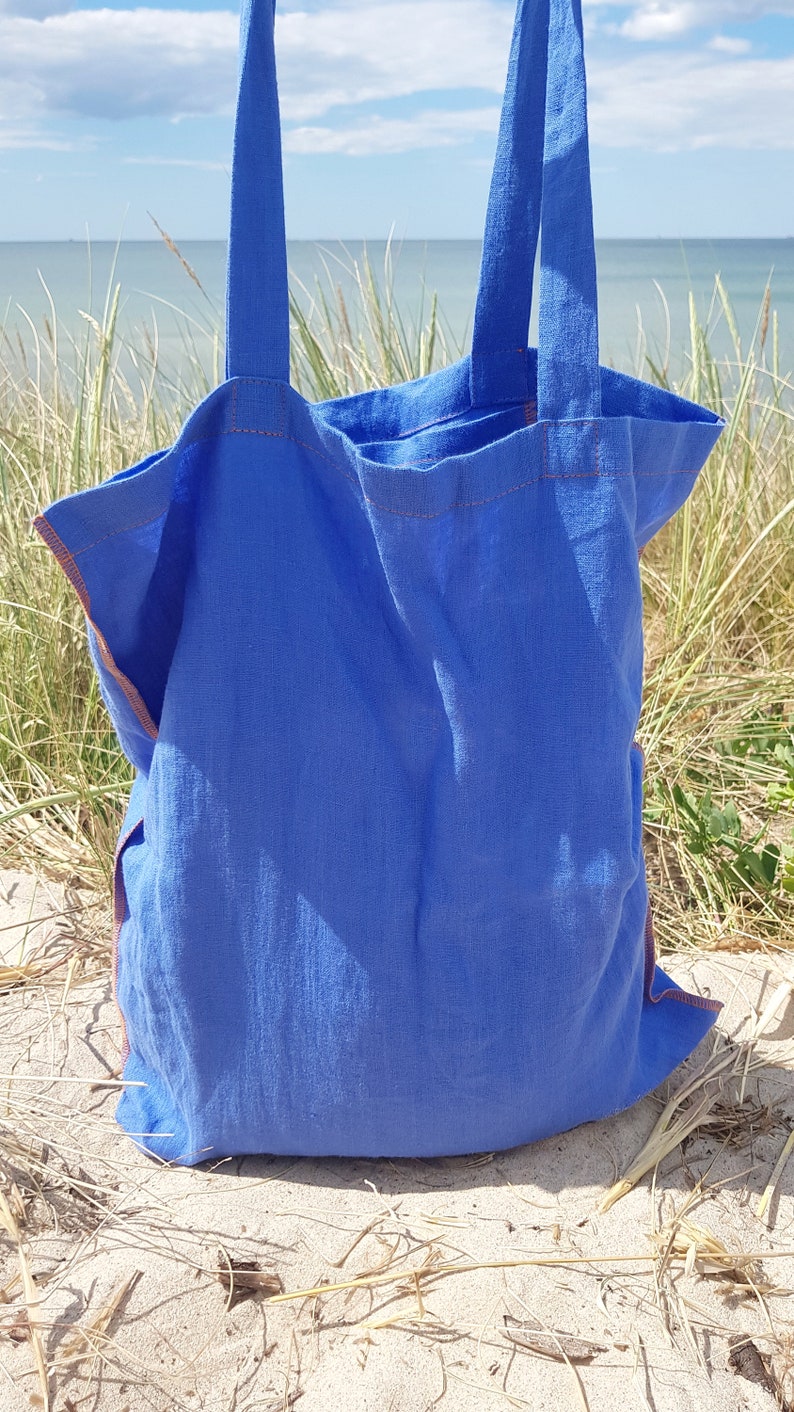 Linen tote bag, blue reversible linen tote bag, shopping bag, zero waste grocery bag, shopper tote bag, market bag, linen beach tote bag image 1