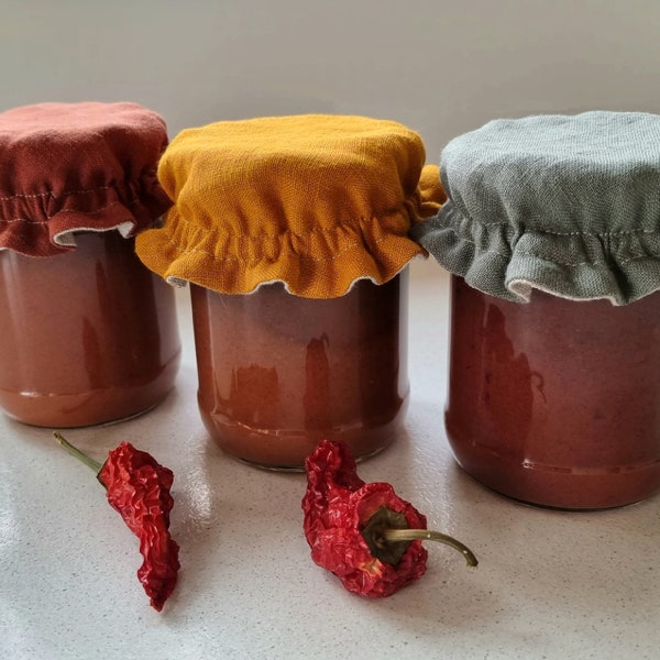 Couvertures de pot de lin, couvertures de pot de kombucha, couvertures réutilisables de tissu de pot de maçon, couvertures de pot de confiture de tissu de faveur de mariage, dessus de couverture de tissu de pot en verre