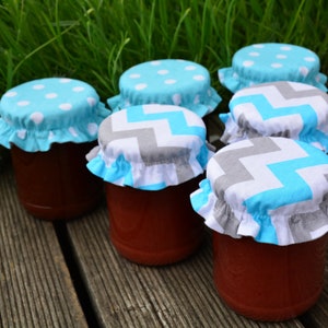 Reusable fabric jar covers, cotton jar covers, blue wedding favour fabric jam jar covers, reversible canvas cloth fabric glass jar cover top