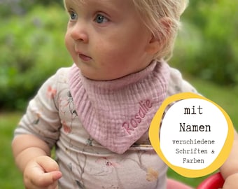 Personalized organic baby bib, triangular scarf with name, burp cloth, gift, neckerchief made of organic muslin for babies and toddlers