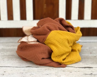 Organic muslin cloth women XXL, 3 colors, brown beige yellow, muslin scarf, triangular scarf, plastic-free