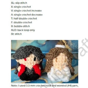 May include: Two crocheted mini figures, one with black hair and a red and black outfit, the other with brown hair and a white dress. The pattern is for Xie Lian & Hua Cheng Mini Figure Crochet. The finished doll is approximately 7.6 cm tall.