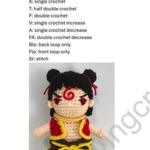 May include: Crocheted amigurumi doll of Ne Zha, a character from Chinese mythology. The doll is wearing a red waistcoat, yellow trousers, and has black hair. The doll has a red swirl on its forehead.