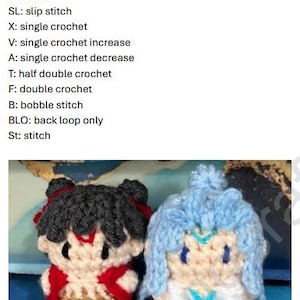 May include: Two crocheted mini figures, one in red and black, the other in blue and white. The text "Ne Zha & Ao Bing Mini Figure Crochet Pattern" is at the top, with crochet abbreviations below. The figures have detailed facial features and are handmade.