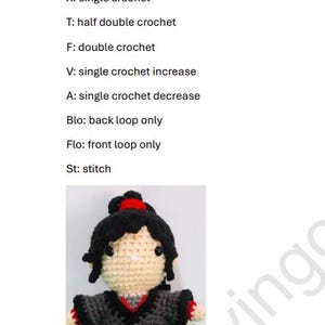 May include: Crocheted amigurumi doll of a character with black hair, a red headband, and a gray and red outfit. The doll is standing on a green surface. The image includes text that reads "Wei wuxian / Wei Ying Crochet Pattern".