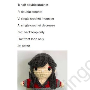 May include: A crocheted doll with black hair and a red and gray outfit. The doll is wearing a red robe with a gray belt and gray shoes. The doll is standing on a green surface. The text "Hua Cheng Crochet Pattern" is at the top of the image. The text "Sl: slip stitch, X: single crochet, T: half double crochet, F: double crochet, V: single crochet increase, A: single crochet decrease, Blo: back loop only, Flo: front loop only, St: stitch" is below the image.
