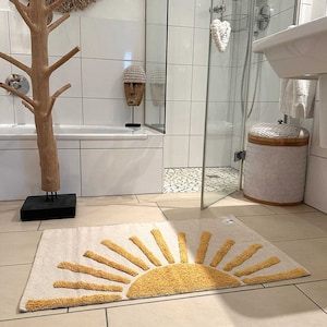 Teppich mit Sonne, Badezimmer Vorleger Teppich Badvorleger Teppich mit Sonne Beige Gelb Baumwolle Rechteckig Boho