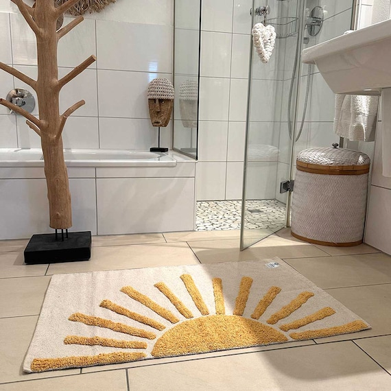 Teppich mit Sonne, Badezimmer Vorleger Teppich Badvorleger Teppich mit Sonne Beige Gelb Baumwolle Rechteckig Boho