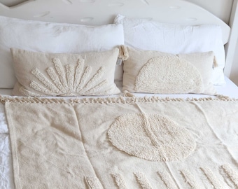Tagesdecke in Beige 130x180 cm Baumwolle Fransen Bettüberwurf Sofadecke Boho Style Schlafzimmer Decke Couchdecke Überwurf Mond