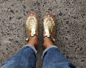 Goldene Huarache-Sandale ~ Alle Größen Boho-Hippie Vintage ~ Mexikanischer Stil ~ Buntes Leder ~ Mexikanische Huaraches