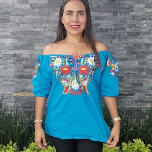Blue Strapless Huipil Womens Blouse Embroidered by Hand ~ Traditional Mexican Shirt ~ Colorful Flowered Shirt ~ Floral Blouse ~Ethnic Style