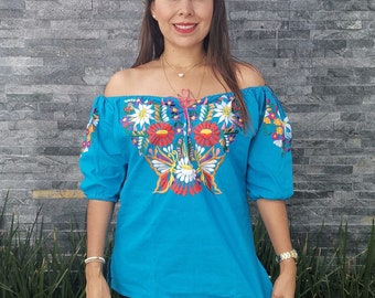 Handmade Mexican Embroidered Blouse, Strapless Floral Shirt