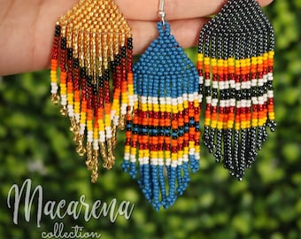 Huichol Beaded Flower Earrings, Colorful Hippie Jewelry