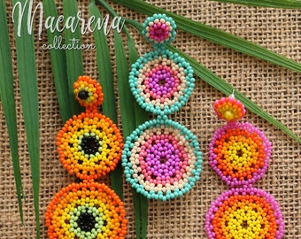 Huichol Beaded Flower Earrings, Colorful Hippie Jewelry
