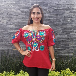 Red Strapless Huipil Womens Blouse Embroidered by Hand ~ Traditional Mexican Shirt ~ Colorful Flowered Shirt ~ Floral Blouse ~Ethnic Style