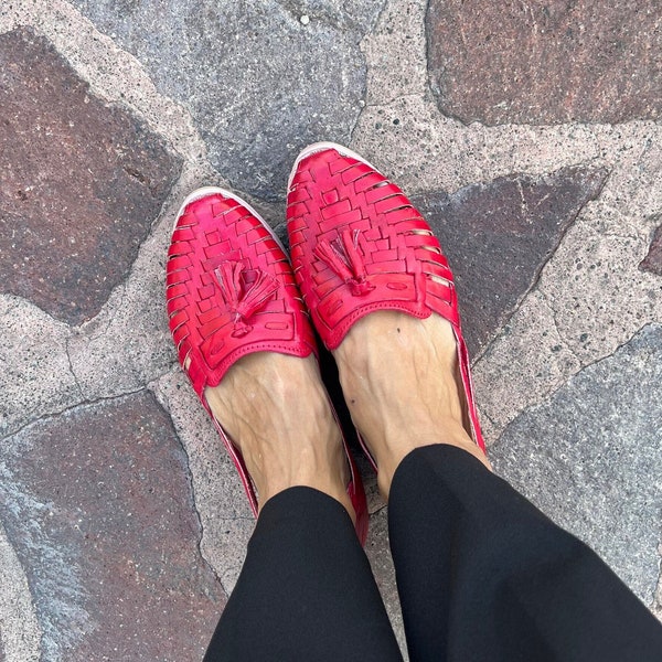 Red Leather Huarache Sandal – Handmade Mexican Style Shoes