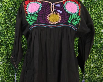 Handmade Floral Embroidered Cotton Blouse, Ethnic Chiapas Style