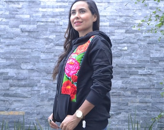 Handmade Floral Embroidered Hoodie: Mexican Ethnic Sweatshirt