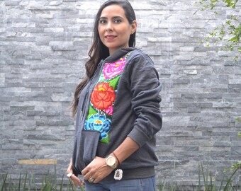 Handmade Mexican Embroidered Floral Hoodie Sweatshirt
