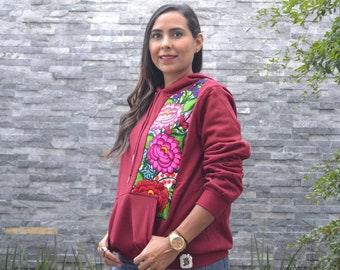 Handmade Floral Embroidered Hoodie - Mexican Ethnic Sweatshirt