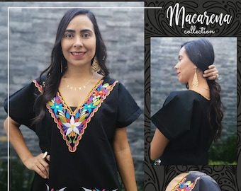 Black Huipil Chiapas Blouse ~ Flower Shirt ~ Mexican Shirt ~ Ethnic Floral Shirt ~ Womens Shirt ~ Boho ~ Embroidered Shirt ~ Handmade Shirt