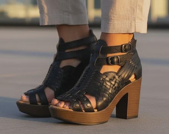 Handmade Leather Huarache Sandal – Black Mexican Heel