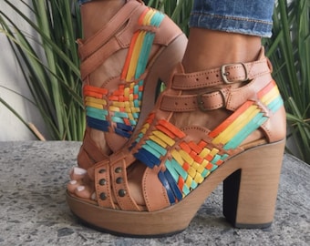 Huarache Sandal ~ All Sizes Boho- Hippie Vintage ~ Mexican Style ~ Colorful Leather ~ Mexican Huaraches~ Mexican Leather Heels