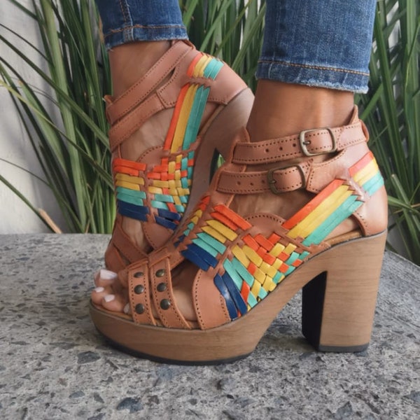 Huarache Sandal ~ All Sizes Boho- Hippie Vintage ~ Mexican Style ~ Colorful Leather ~ Mexican Huaraches~ Mexican Leather Heels