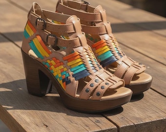 Handmade Colorful Leather Huarache Sandal – Mexican Heel