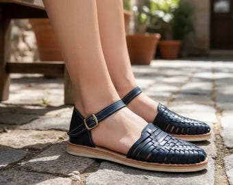Handmade Tan Leather Huarache Sandals – Mexican Style Ankle Strap Shoes