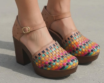 Handmade Leather Huarache Sandal – Colorful Woven Mexican Heel