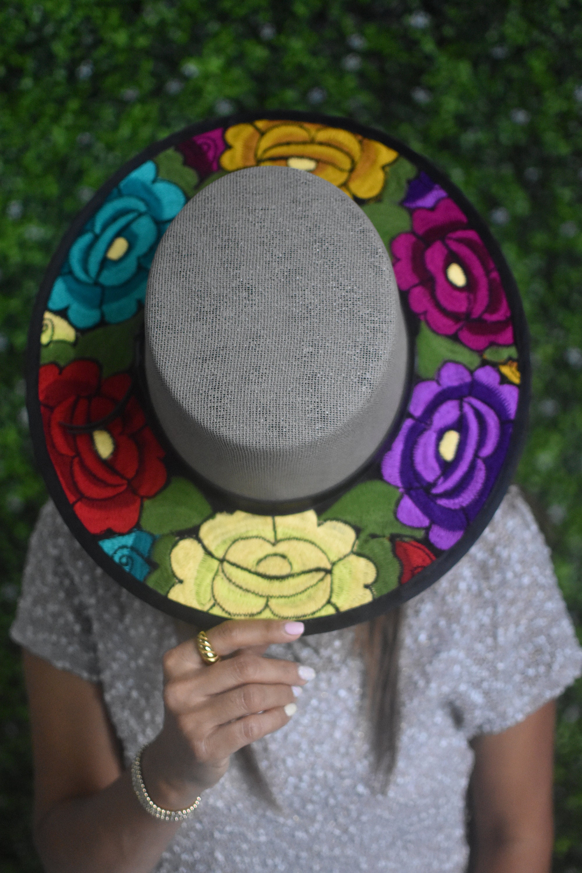 Custom Handmade Embroidered Floral Hat – Mexico Artisan – Black Wide Brim Floral Print Hat, Floral Cowboy Hat, Sunflower Hat  main image 2