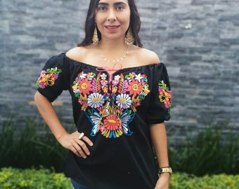 Black Strapless Huipil Womens Blouse Embroidered by Hand ~ Traditional Mexican Shirt ~ Colorful Flowered Shirt ~ Floral Blouse ~Ethnic Style