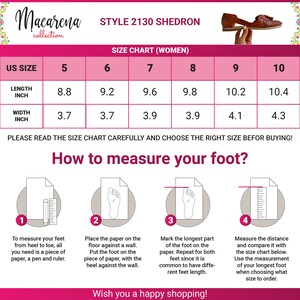 May include: Size chart for women's shoes with measurements in inches. The chart shows the length and width of the shoe in inches for US sizes 5 through 10.  The chart also includes instructions on how to measure your foot.