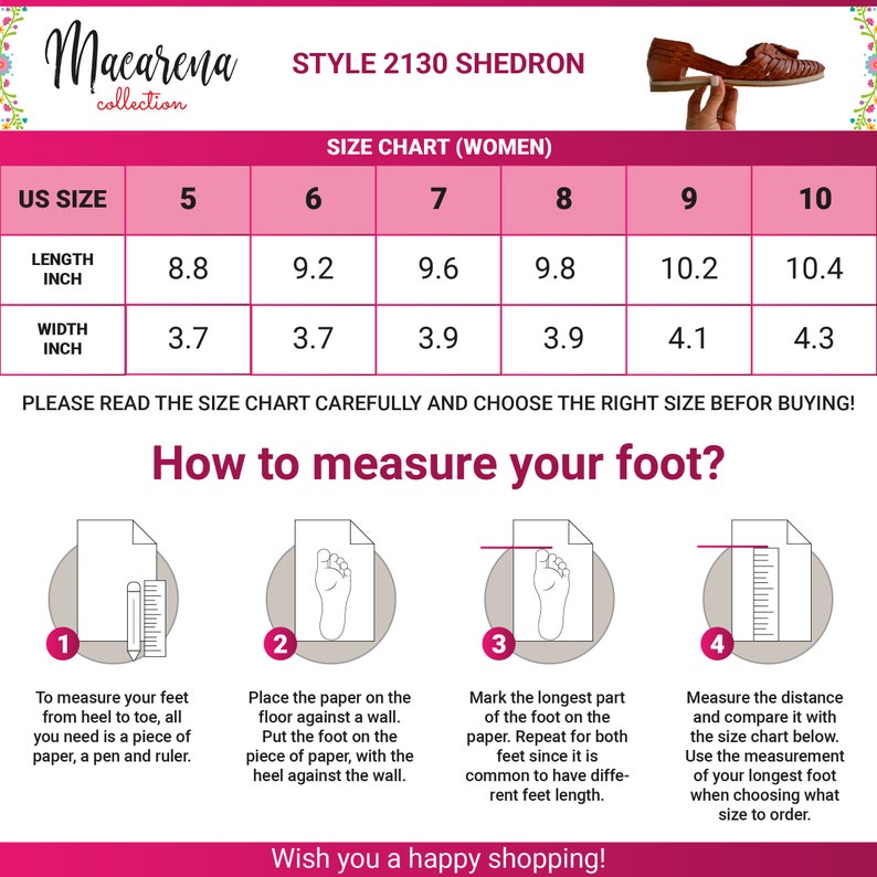 May include: Size chart for women's shoes with measurements in inches. The chart shows the length and width of the shoe in inches for US sizes 5 through 10.  The chart also includes instructions on how to measure your foot.