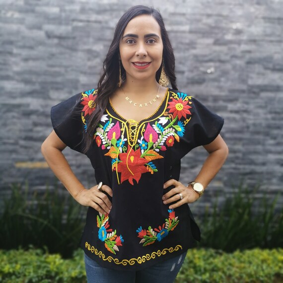 Black Huipil Chiapas Womens Blouse 