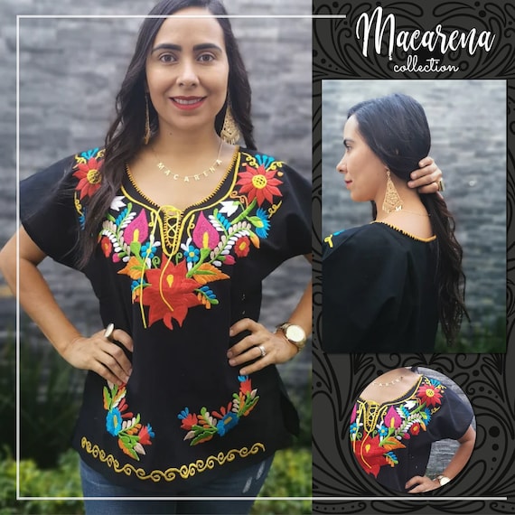 Blusa Negra Huipil Chiapas para Mujer Bordado a Mano Camisa - Etsy