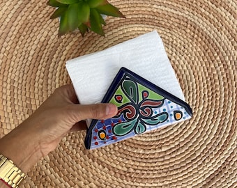 Handgeschilderde talavera-servethouder, Mexicaanse bloemenkeramische organizer