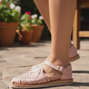 Handmade Leather Huarache Sandals – Mexican Ankle Strap Shoes Pink