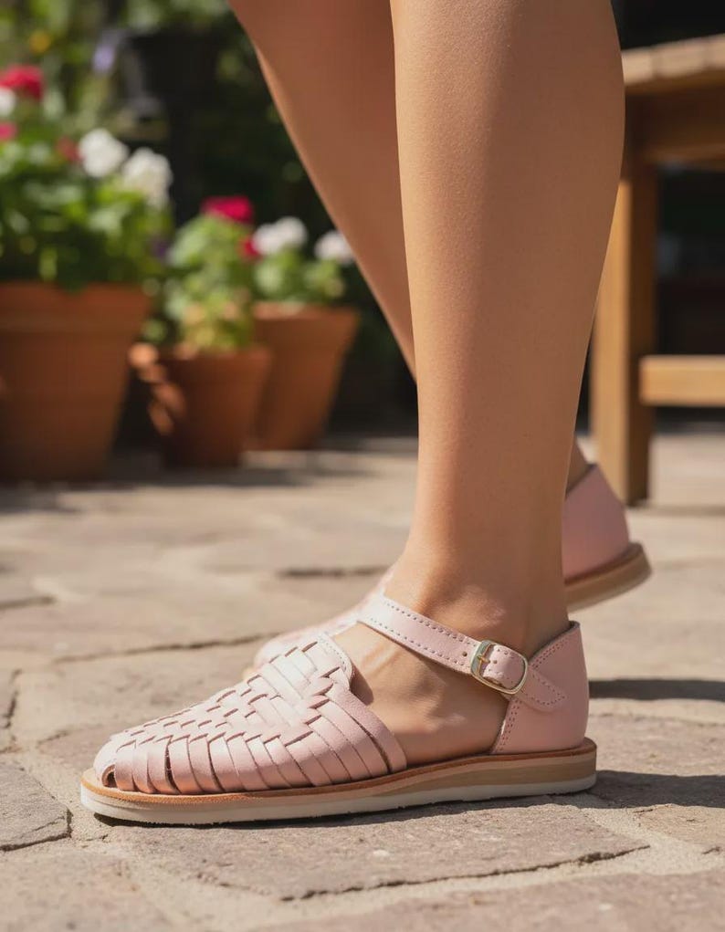 Handmade Leather Huarache Sandals – Mexican Ankle Strap Shoes Pink