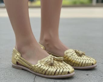 Golden Huarache Sandals – Mexican Leather Woven Flats