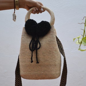 Strawbag Colorful palm bag, Mexican palm bag, handmade Boho hippie bag, hand woven palm bag, Strawbag,Palm leaves Round Bag Decorated