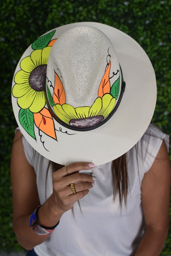 Flower Painted Hat Mexican Artisan Hat Womens Hat Hand Painted
