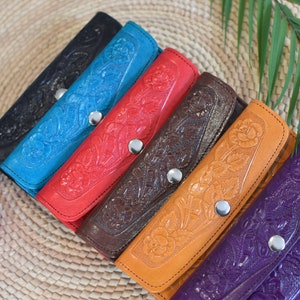 Cartera de cuero Bolso Flores Bordadas Hechas a Mano Monedero Chiapas