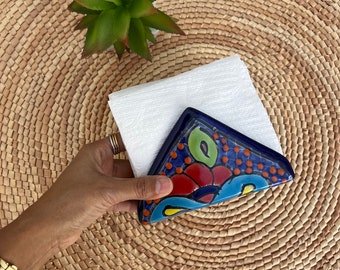 Handgeschilderde talavera-servethouder, Mexicaans kobalt bloemenkeramiek