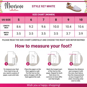 May include: A size chart for women's shoes, showing the length and width of the shoe in inches for US sizes 5 through 10. The chart also includes instructions on how to measure your foot.