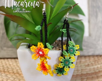 Huichol Beaded Flower Earrings, Mexican Hippie Jewelry
