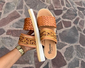 Sandalias Huarache de cuero hechas a mano, zapatos de mujer estilo mexicano