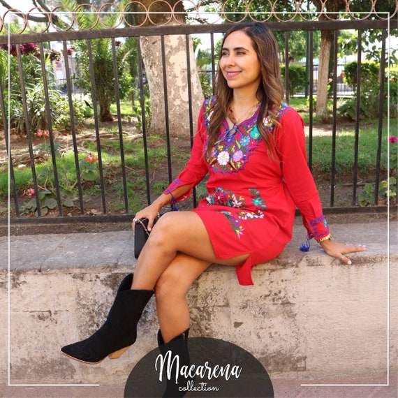 Vestido de Flores Chiapas Vestido Huipil Vestido Mexicano Vestido  Bordado Mexicano Vestido Floral Étnico Ropa Hecha a Mano Vestido de 